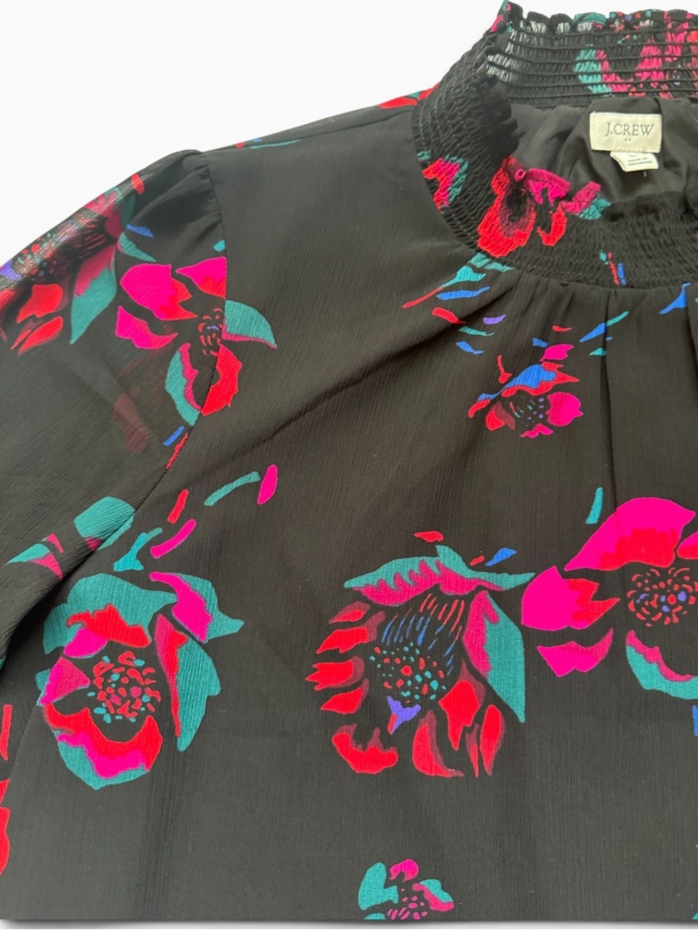 J.Crew Black Floral Smocked Neck Long Sleeve Blouse Size Larg - Picture 4 of 4